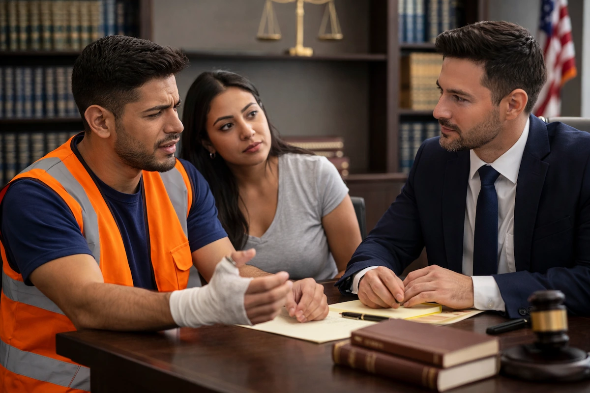 Trabajador hispano con lesión en el trabajo hablando por teléfono con un abogado